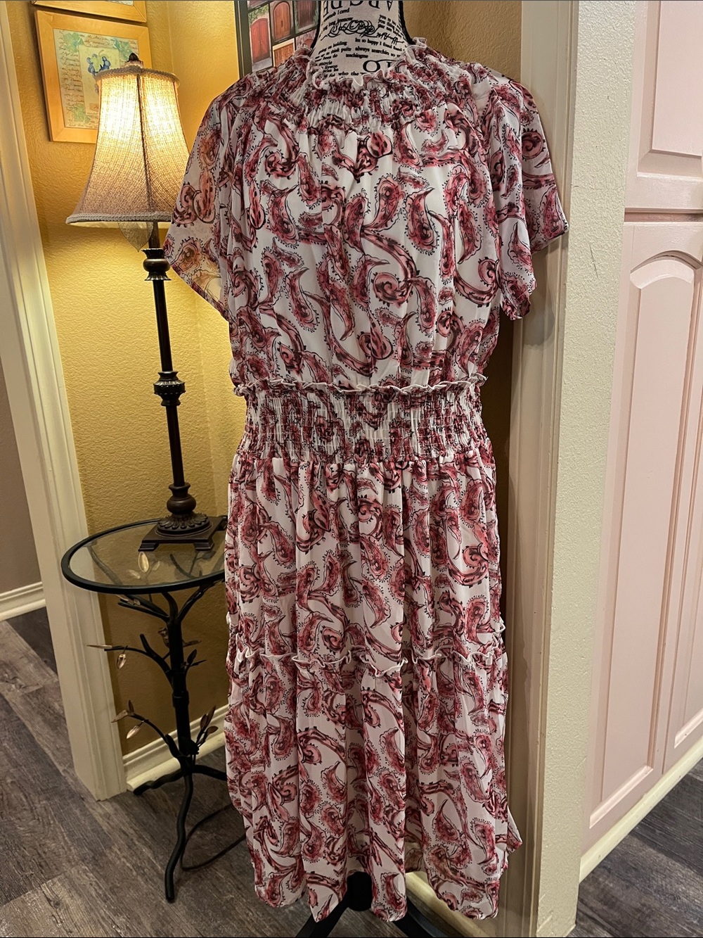 NY Collection White Midi Dress with Red Paisley Pattern